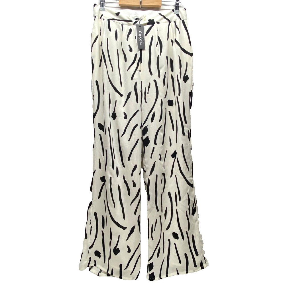 Gracia Wide Leg Pant Women's Large White Black Abstract Career Casual Lined NWT